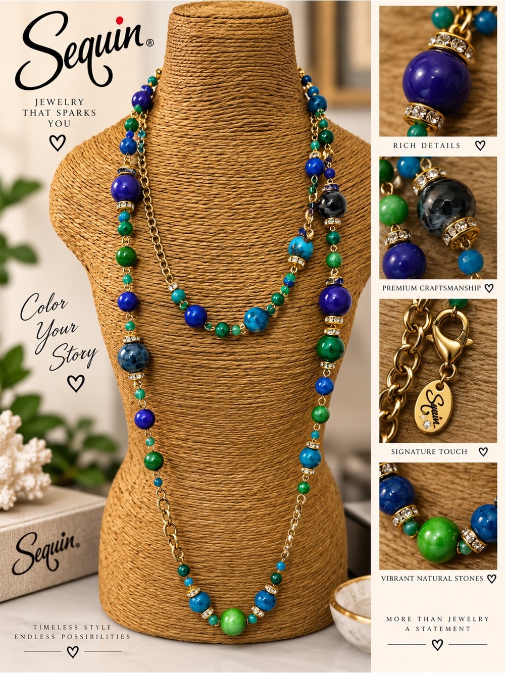 Blue & Green Bead Long Necklace